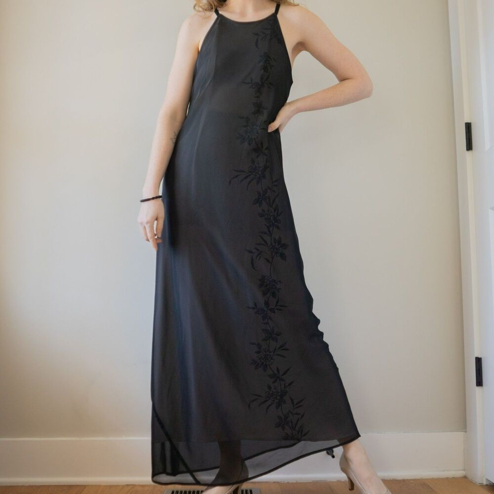 Vintage Y2K Express Long Halter Maxi Black Floral Cocktail Prom Evening Dress